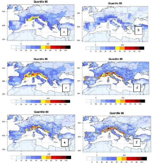 Figure 3. 99% quantile of daily precipitation (mm/day) in SON for the period 1989- 1989-2008 : a) ERA-interim reanalysis; b) ALADIN-Climat model 150 Kms ; c) COSMO-CLM  model 50kms forced by ERA-interim reanalysis; d) COSMO-CLM model 12kms; e)  ALADIN-Clim