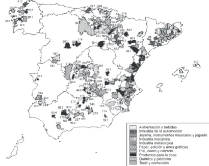 Figura 1.  El mapa de los distritos industriales marshallianos en España a partir   de la metodología ISTAT (2006)