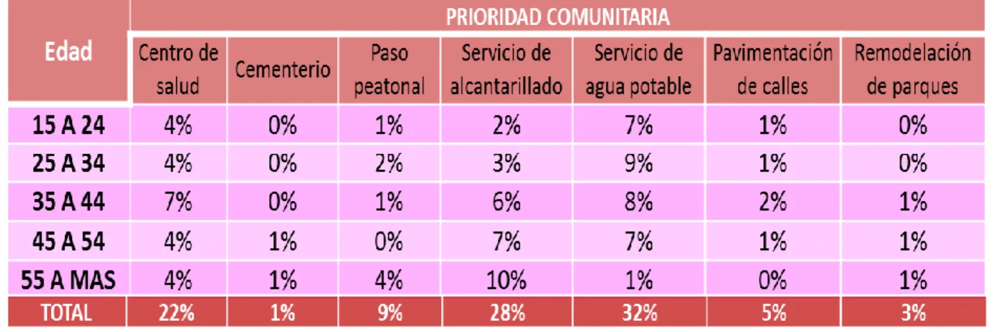 Tabla 8 Porcentajes de prioridades comunitarias de acuerdo a rangos de edad de los jefes de hogar