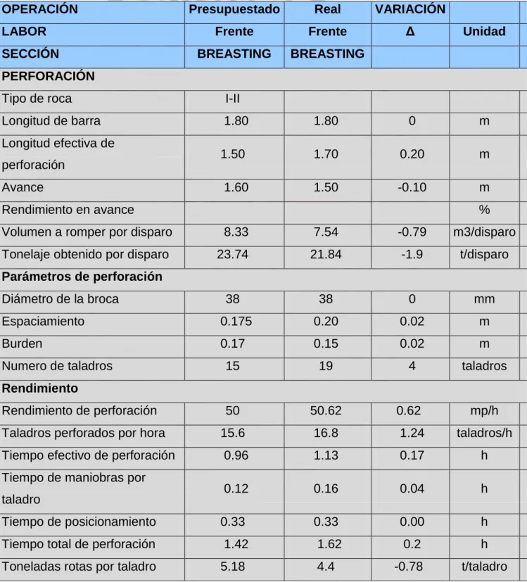 Cuadro N° 02  Rendimiento en perforación programado y real 