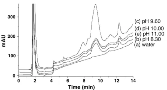 Fig. 3. Chromatograms obtained from the heat-processed meat product 1 (47.40 mg/mL) and the soybean protein isolate (4.08 mg/mL) extracted with 0.05 M carbonate buffer (pH 9.60)