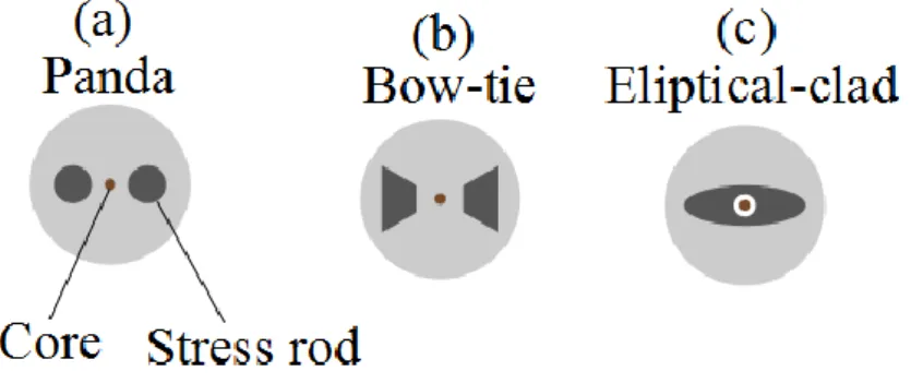 Fig. 2.3 Diferentes tipos de  PMF: a) Panda, b) Bow-tie, c) Elliptical-clad. Adaptado de [13]