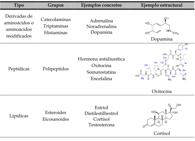 Tabla  I.2.  Clasificación  de  las  hormonas  según  su  estructura  química  y  ejemplos  representativos