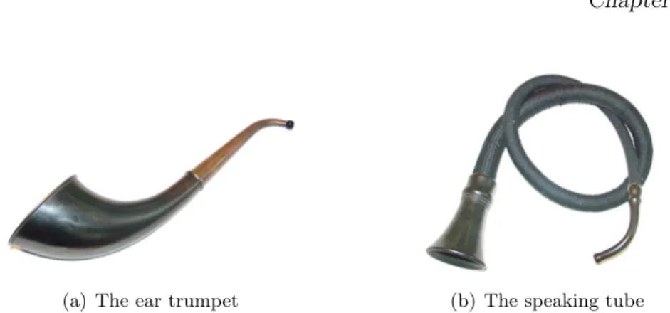 Figure 2.6: Picture illustrating two “hearing aids” from the acoustic era. In (a), it is represented the so-called ear trumpet, and in (b), it is illustrated the speaking or conversation tube.