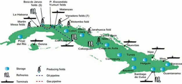 Fig. 1.6 – Localización de reservas y producción del petróleo cubano. Fuente: (Abdalla  et al., 2008)