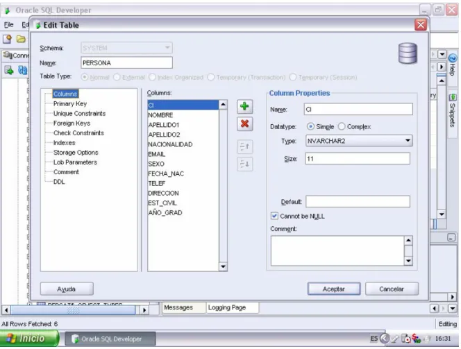 Figura 4. Tabla Persona creada mediante Oracle SQL Developer. 