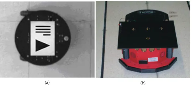 Figura 2.6: Marcas artificiales para determinar posición 3-D e identificar de robots móviles; (a) Marca utilizada en [Fan et al., 2008]; (b) Marca utilizada en [Fernández et al., 2007]