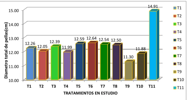 Gráfico 6 : Diametro de pella (cm)  para el efecto de compost mas dos cepas de Trichoderma harzianum  y Trichoderma viride   en la producción de brócoli (Brassica oleracea L