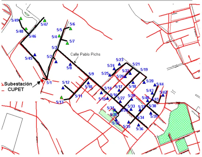 Figura 2.1. Enumeración de los nodos del Circuito 5 en el MAPINFO.