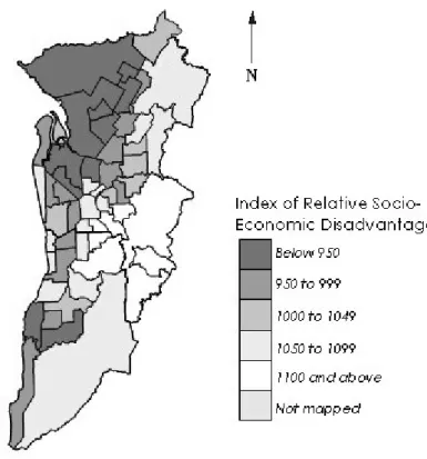 Figure 1.- Index of Relative Socio-Economic Disadvantage, Adelaide, 2001