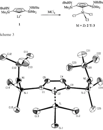 Table 1. Characteristic bond lengths (A ˚ ) and angles (°) for [Ti(η 5 - -C 5 H 3 {SiMe 2 (NHtBu)} 2 )Cl 3 ] (3) Bond anglesBond lengths Ti ⫺Cl1 2.2366(5) Cl1 ⫺Ti⫺Cl2 102.69(2) Ti⫺Cl2 2.2416(6) Cl1⫺Ti⫺Cl3 103.64(2) Ti ⫺Cl3 2.2396(6) Cl2 ⫺Ti⫺Cl3 102.45(2) S