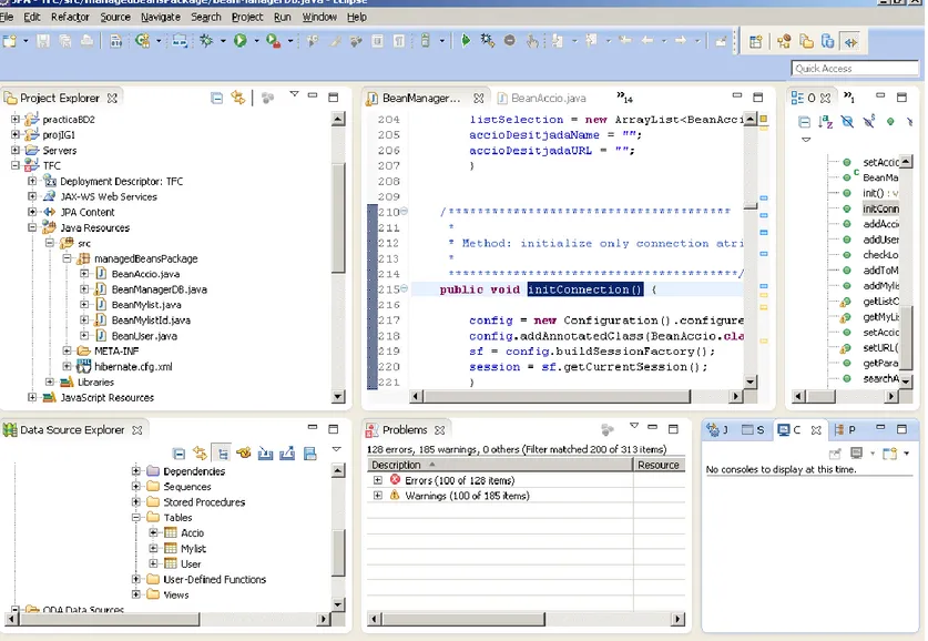 Fig. 19 Aspecte de l’entorn de desenvolupament d’Eclipse. A l’esquerra es pot veure el Project  Explorer  que  permet accedir  a  les  classes  i  a  les  pàgines  xhtml, a baix a l’esquerra hi ha el  Data Source Explorer, a baix a la dreta la consola per 