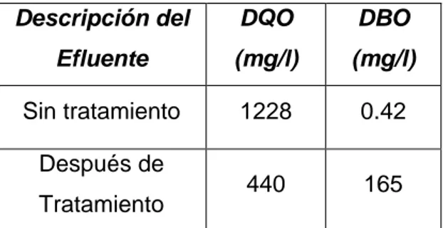 Tabla 2.3: Resultados de medición de DQO Y DBO 