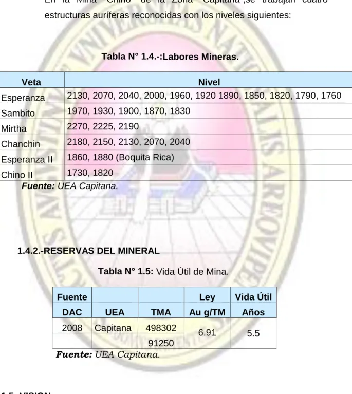 Tabla N° 1.4.-:Labores Mineras. 