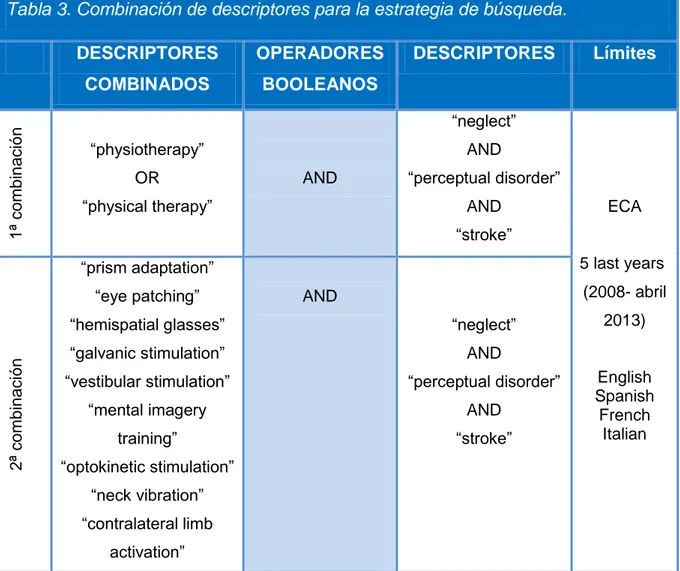 Tabla 3. Combinación de descriptores para la estrategia de búsqueda. 