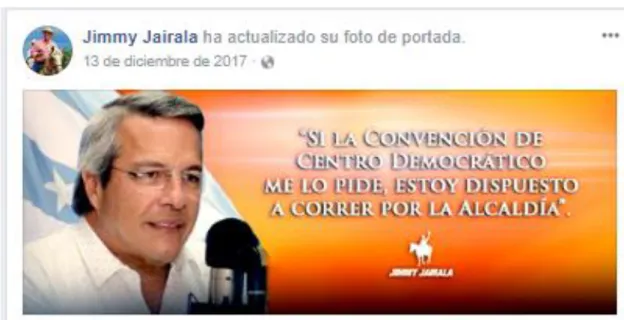 Figura 6. Frase incentivando opiniones por el cargo de Alcalde  Fuente: Facebook de Jimmy Jairala (2017) 