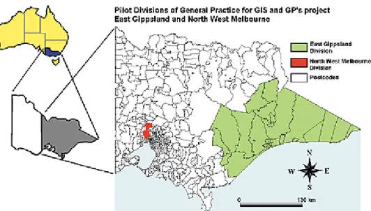 Figure 1. Location of the two pilot Divisions of General Practice. The smaller post code  areas are representative of urban areas