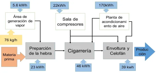 Figura 3.2: Etapas del proceso de producción del cigarrillo y sus portadores fundamentales