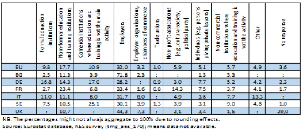 Tabla N°8: Distribución de las actividades de educación y capacitación no formal por proveedor (2011)