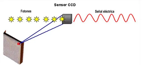 Figura 1.10. Esquema de un CCD de superficie (array) y de su  funcionamiento. 