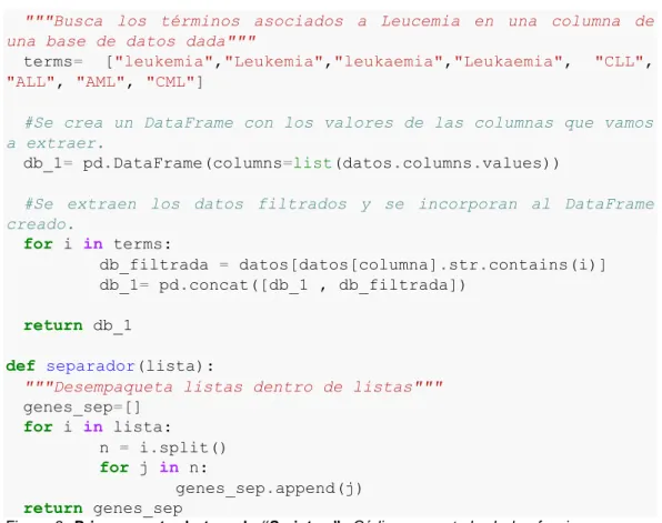 Figura  2:  Primera  parte  de  tres  de  “Script.py”.  Código  comentado  de  las  funciones  que  se  emplearan a lo largo del script en repetidas ocasiones, para cada base de datos que lo precise