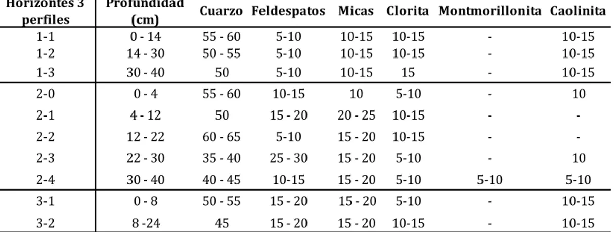 Tabla 1. Análisis DRX (%) de 3 perfiles del suelo de Castañar de Ibor. 