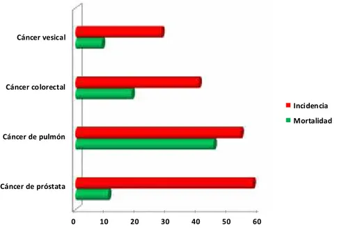 Figura 3. Tasa estandarizada de incidencia y mortalidad en España para distintos cánceres