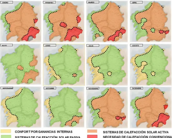 Figura 3.  Cartografía estrategias bioclimáticas para calefacción en Galicia, según Givoni