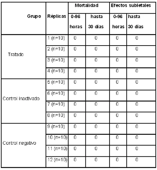 Tabla 8. Mortalidad y eventos clínicos en  Physa cubensis por tratamiento con  Tricosave-34  (10 9  conidios/mL) 