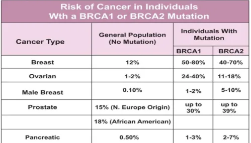 Figura 3.  Riesgo de cáncer en individuos con mutación en genes BRCA1 o BCRA2. 