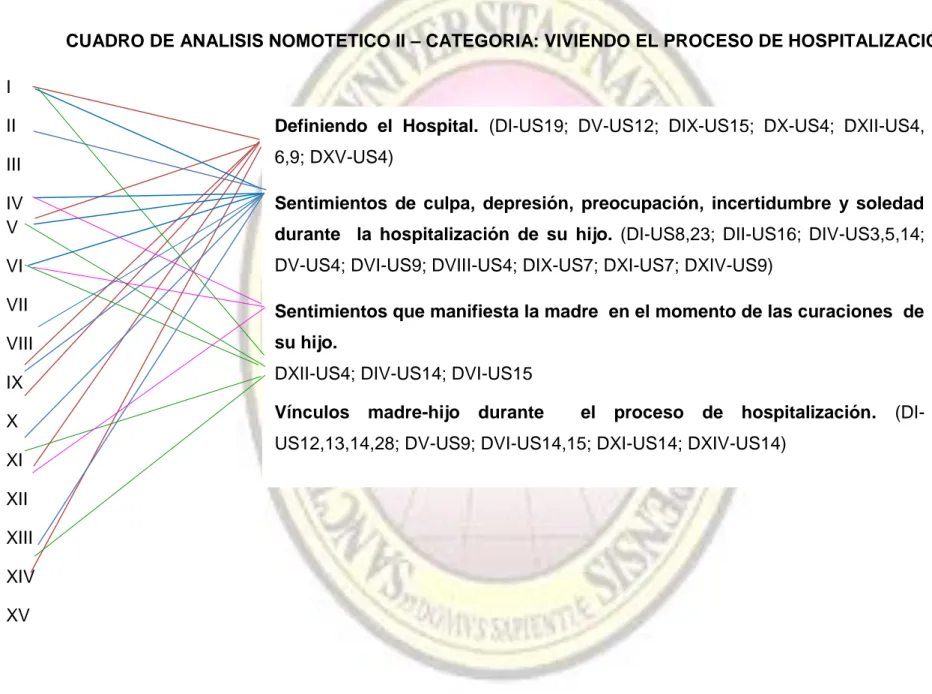 CUADRO DE ANALISIS NOMOTETICO II – CATEGORIA: VIVIENDO EL PROCESO DE HOSPITALIZACIÓN  I  II  III  IV  V  VI  VII  VIII  IX  X  XI  XII  XIII  XIV  XV 