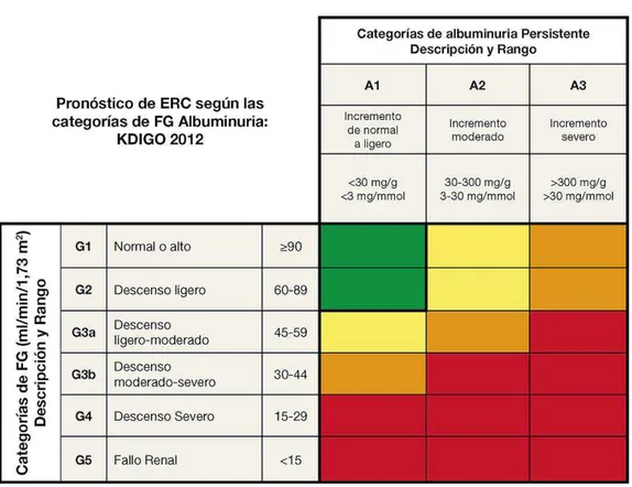 Ilustración 1: pronóstico de ERC según las categorías de la FG del KDIGO 2012. 