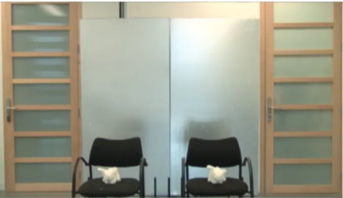 Figure 3: Actors leave the room, shutting the door behind them and leaving rabbits on chairs.