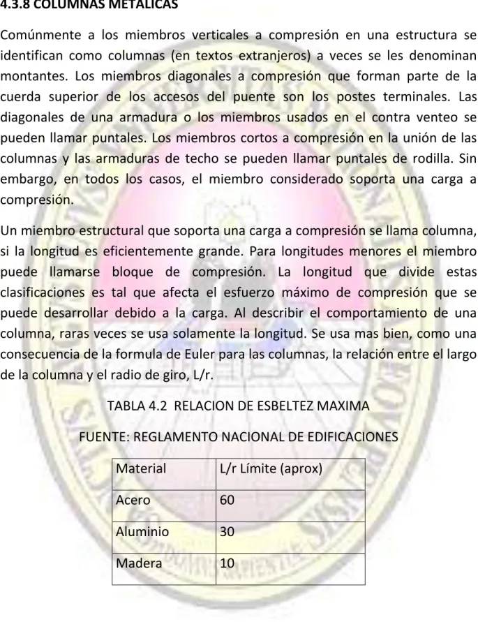 TABLA 4.2  RELACION DE ESBELTEZ MAXIMA  FUENTE: REGLAMENTO NACIONAL DE EDIFICACIONES 