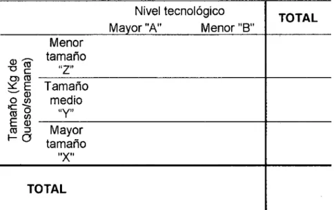 CUADRO No  15:  FORMATO  DE  DIAGNÓSTICO DE LAS PLANTAS  QUESERAS SEGÚN TAMAÑO (LITROS DE LECHE/DÍA) Y NIVEL  TECNOLÓGICO  Q )  -Menor  tamaño  Nivel  tecnológico  TOTAL Mayor &#34;A&#34; Menor &#34;8&#34; 
