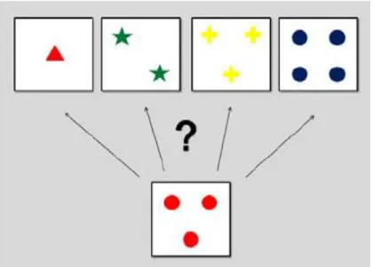 Figure 5. Example trial of the Wisconsin Card Sorting Test (WCST). The participant must choose one card  according to one unknown rule (color, shape or number), that changes every several trials