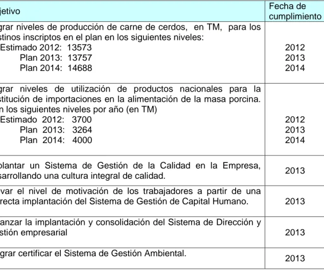 Tabla 2 Objetivos estratégicos hasta el 2014: 