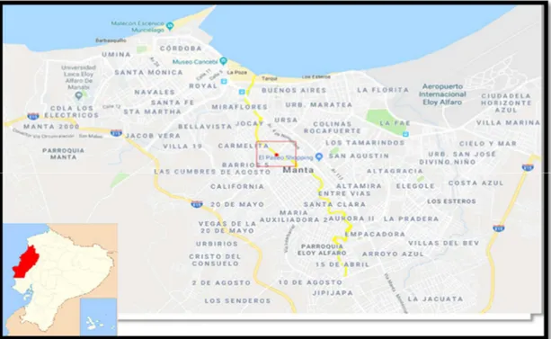 Figura 1.- Localización del sitio de recolección de muestras de agua y sedimento del Río  Burro, en el sector María Auxiliadora (se indica con el rectángulo rojo en el centro del mapa).