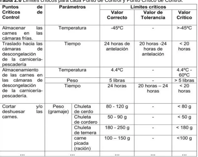 Tabla 2.6 Limites críticos para cada Punto de Control y Punto Crítico de Control. 