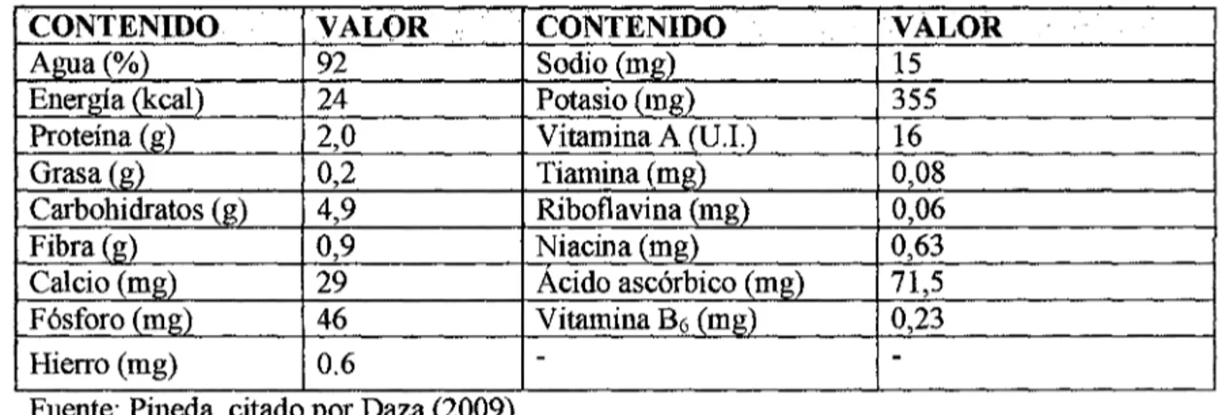 Cuadro  1:  Valor  nutricional  de  100  gr.  de  producto  comestible  de  coliflor  (Pineda,  citado  por  Daza, 2009)