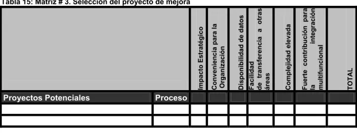 Tabla 15: Matriz # 3. Selección del proyecto de mejora 