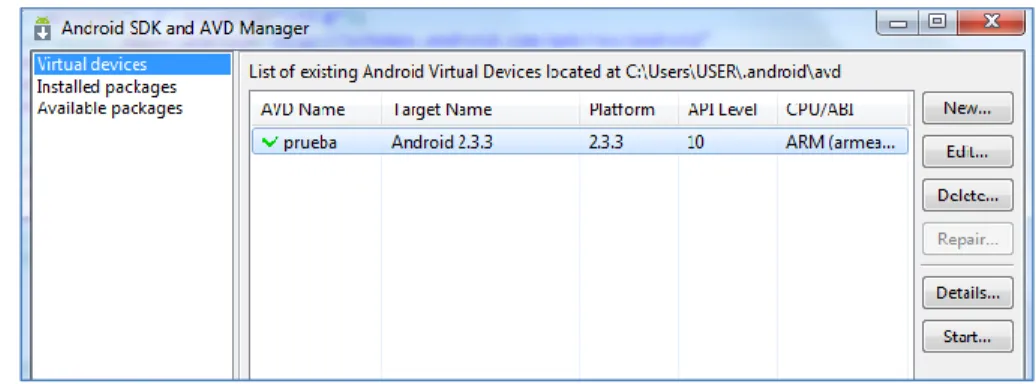 Figura 2.8: Menú Android SDK and AVD Manager 