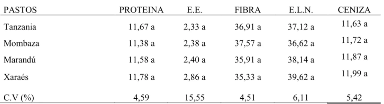 Tabla 5. Composición química de las variedades de pasto. 