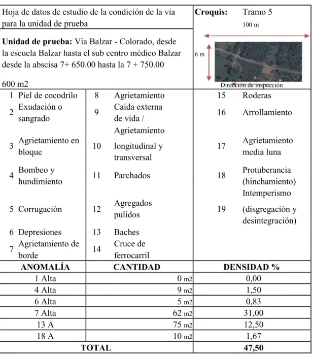 Tabla 3-5.- Hoja de datos de deterioros, Tramo 5 