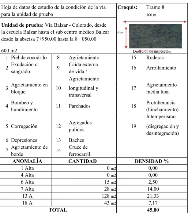 Tabla 3-8.- Hoja de datos de deterioros, Tramo 8 