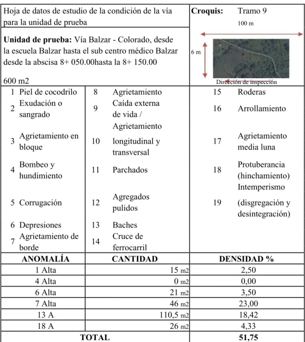 Tabla 3-9.- Hoja de datos de deterioros, Tramo 9 