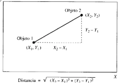 Figura 2.1. Ejemplo de distancia euclídea entre dos objetos medidos sobre dos variables