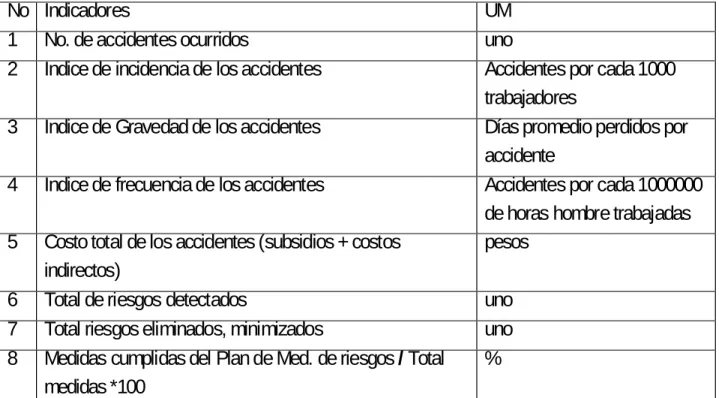 Tabla 5. Indicadores de gestión de la SST 
