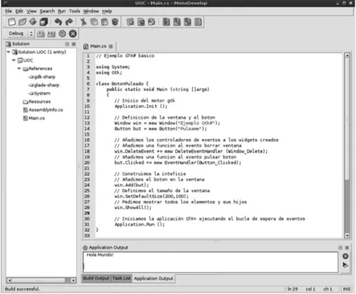 Figura 1. Captura de pantalla de Monodevelop con el ejemplo y las referencias