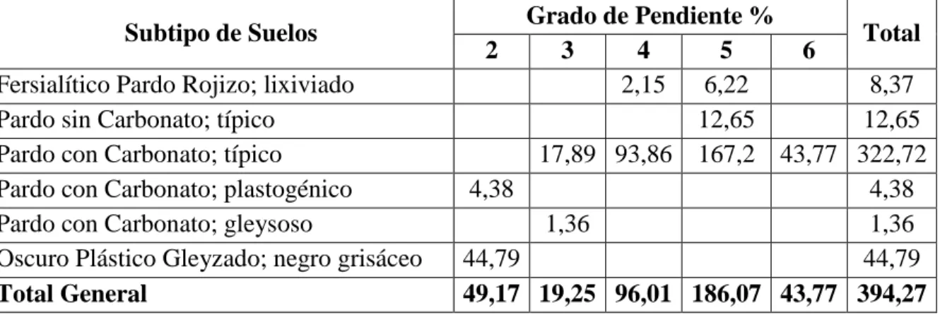 Tabla 3.3.  Grado de pendiente por tipo de suelo en ha. 